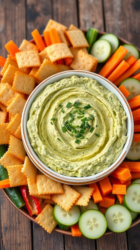 A bowl of creamy avocado herb dip with crackers and fresh vegetable sticks on a rustic wooden table.
